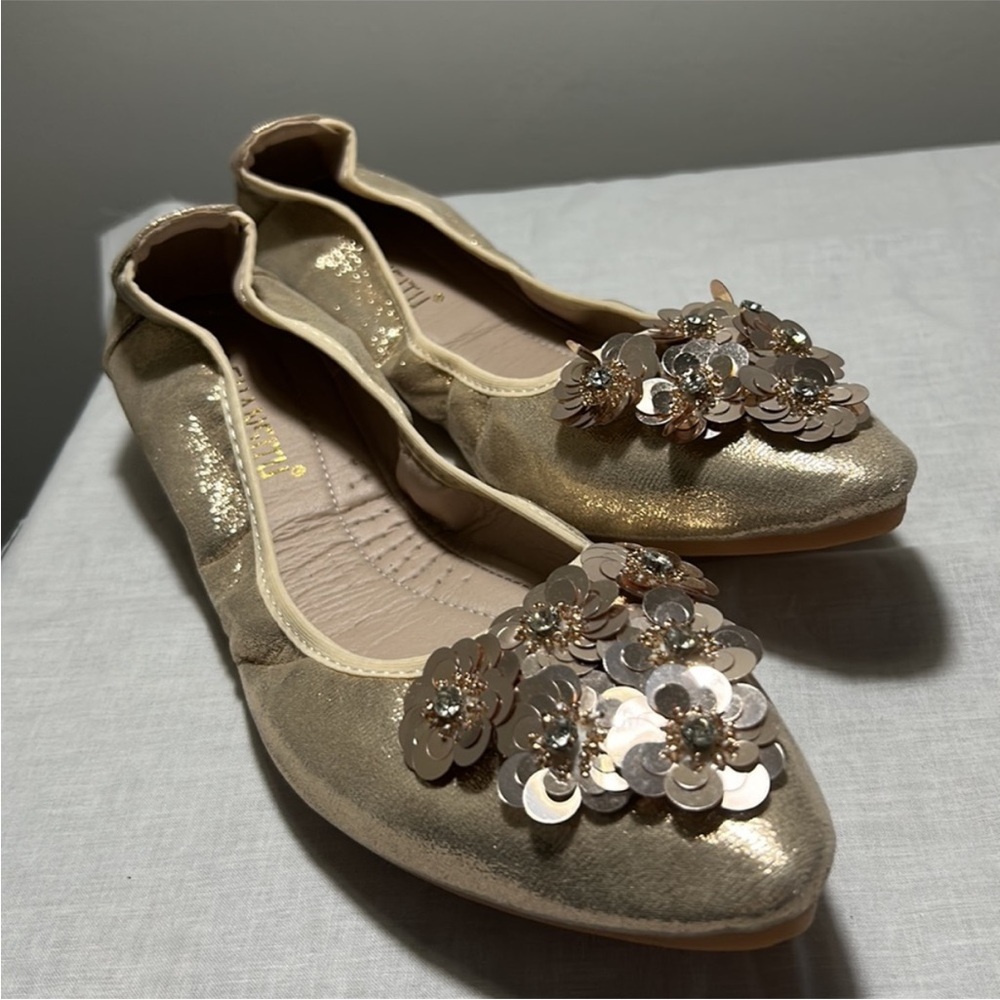 Gold Embellished Flats with Floral Detail